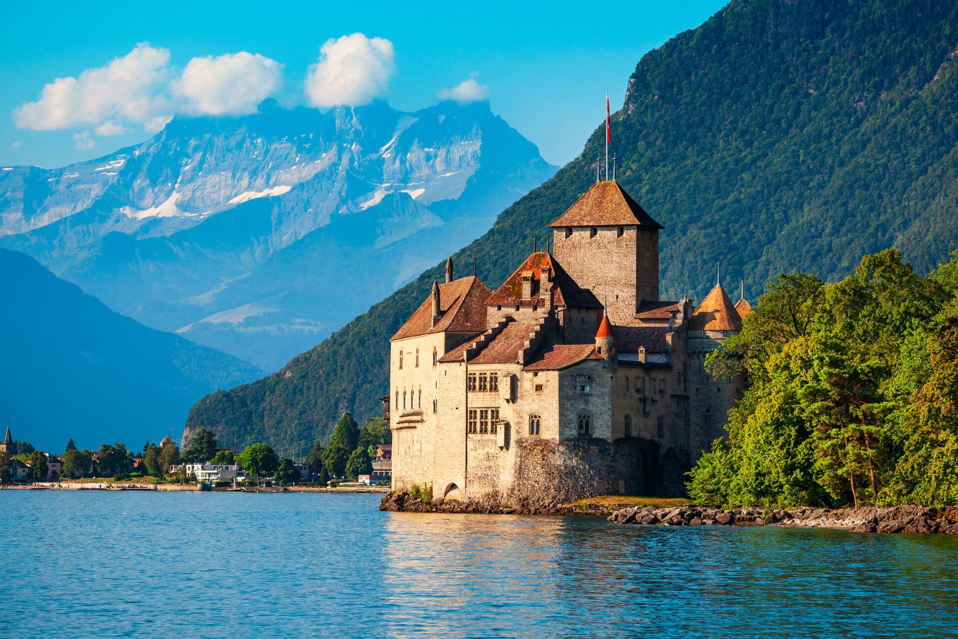Chillon Castle or Chateau de Chillon is an island castle located on Lake Geneva near Montreux town in Switzerland