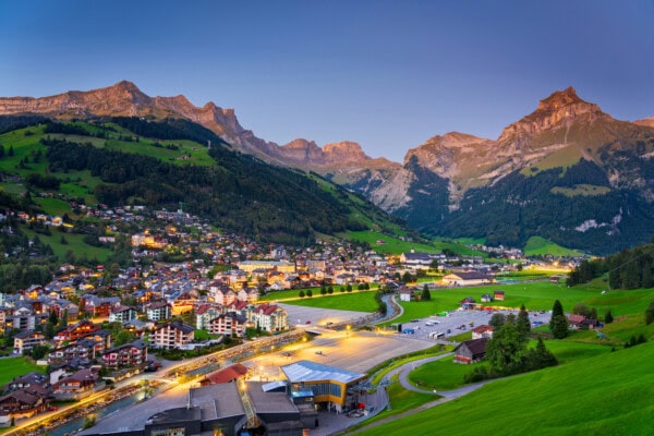 Engelberg, Switzerland in the alps at twilight.